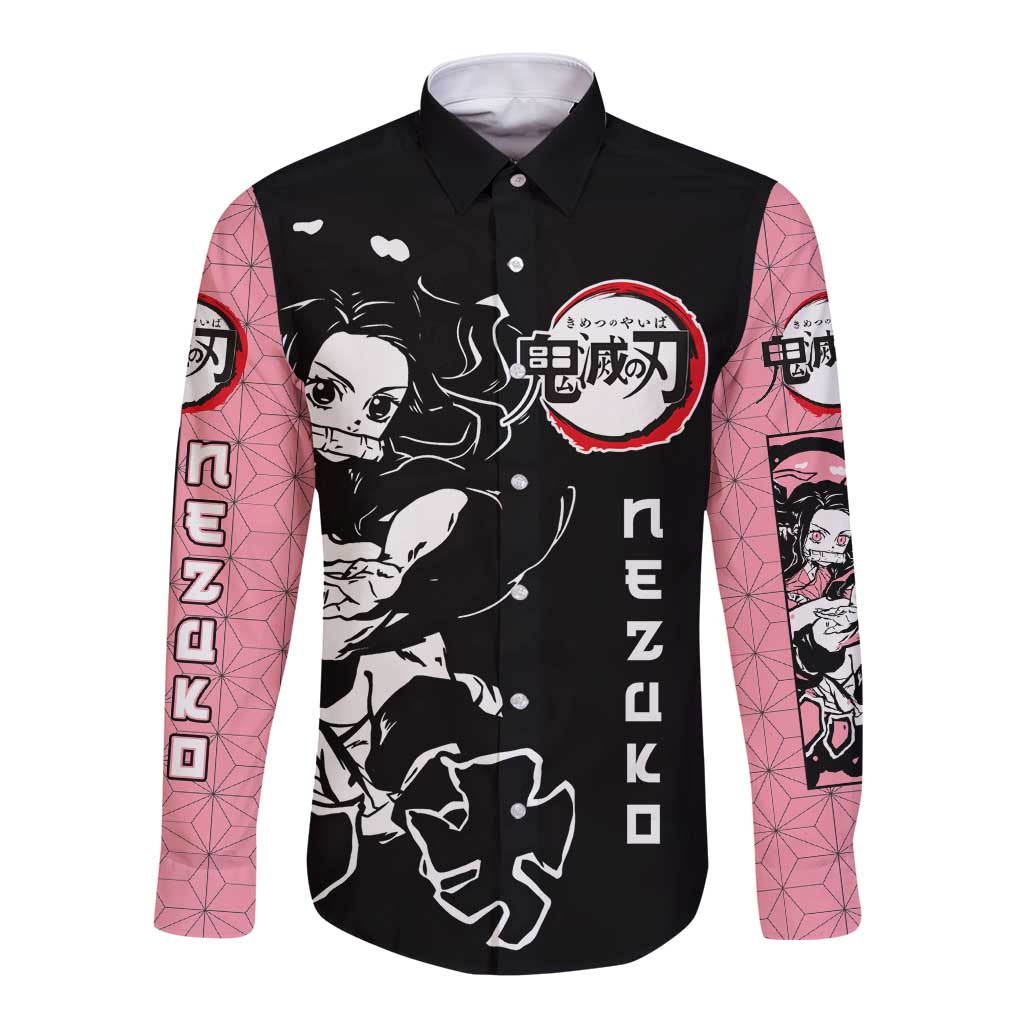 Nezuko Demon Slayer Long Sleeve Button Shirt with Pink and Black Manga Style Design - The Mazicc