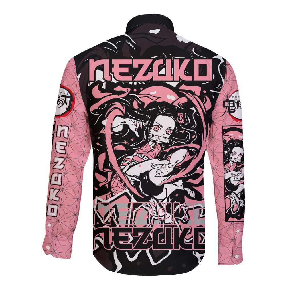 Nezuko Demon Slayer Long Sleeve Button Shirt with Pink and Black Manga Style Design - The Mazicc