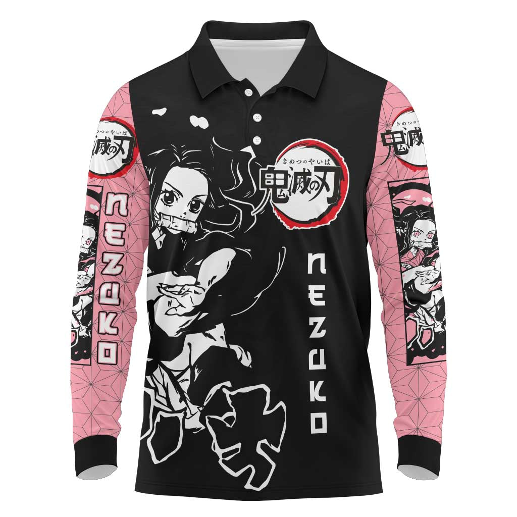 Nezuko Demon Slayer Long Sleeve Polo Shirt with Pink and Black Manga Style Design - The Mazicc