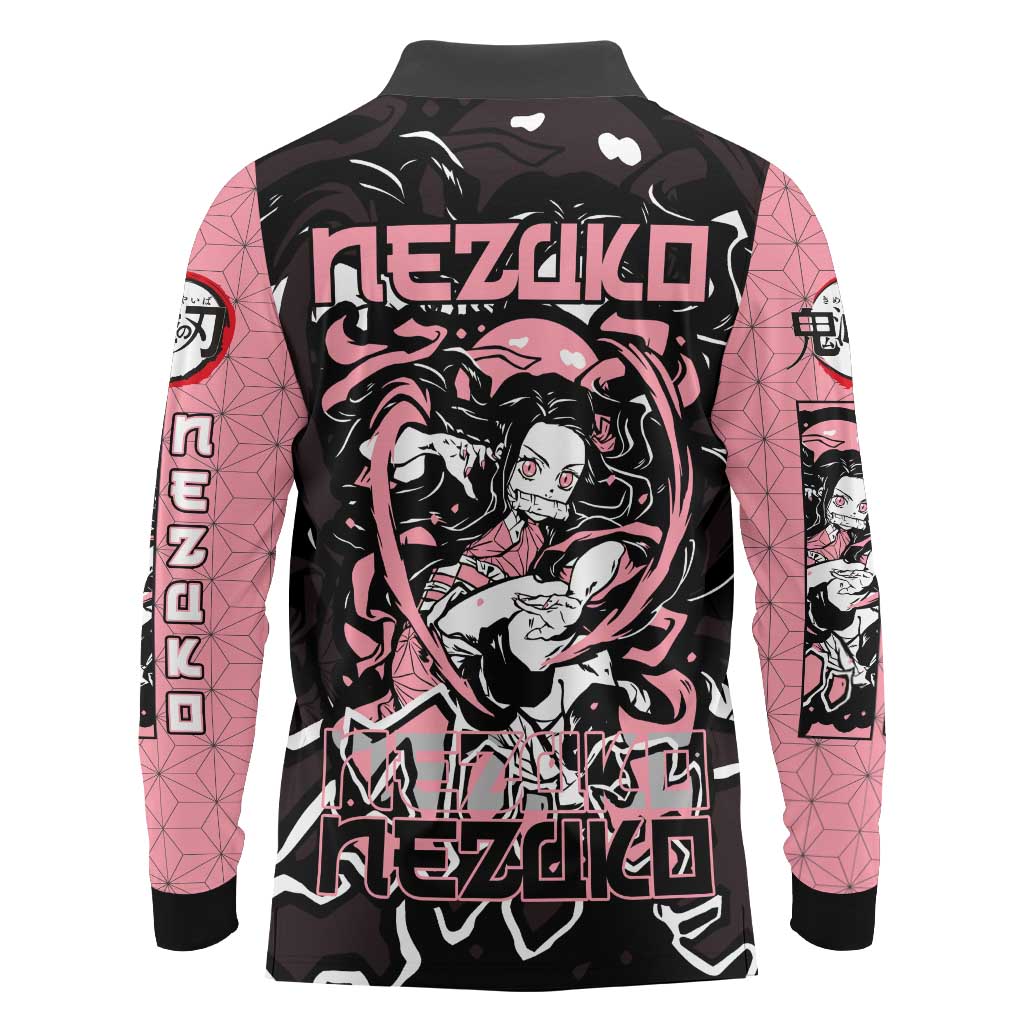 Nezuko Demon Slayer Long Sleeve Polo Shirt with Pink and Black Manga Style Design - The Mazicc