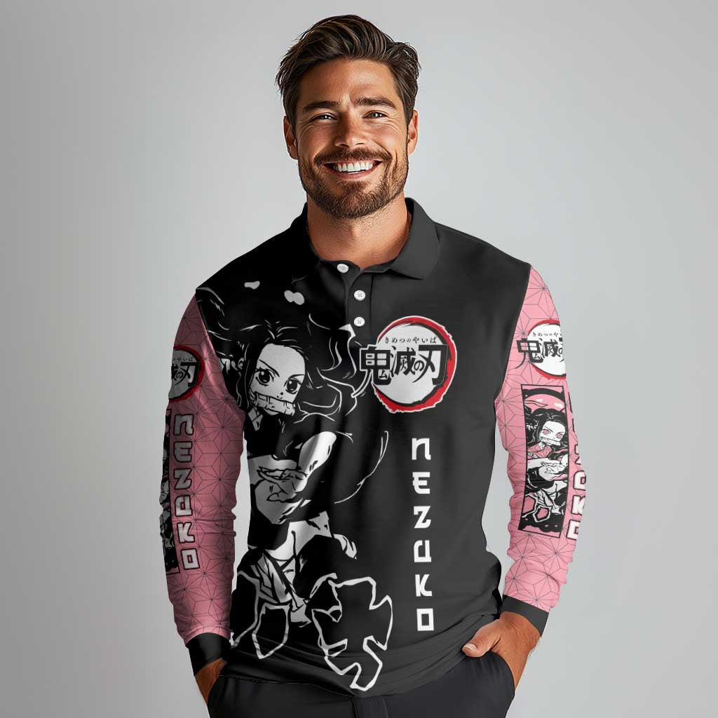 Nezuko Demon Slayer Long Sleeve Polo Shirt with Pink and Black Manga Style Design - The Mazicc
