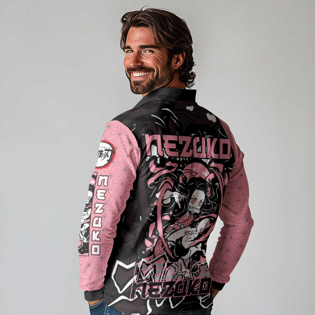 Nezuko Demon Slayer Long Sleeve Polo Shirt with Pink and Black Manga Style Design - The Mazicc