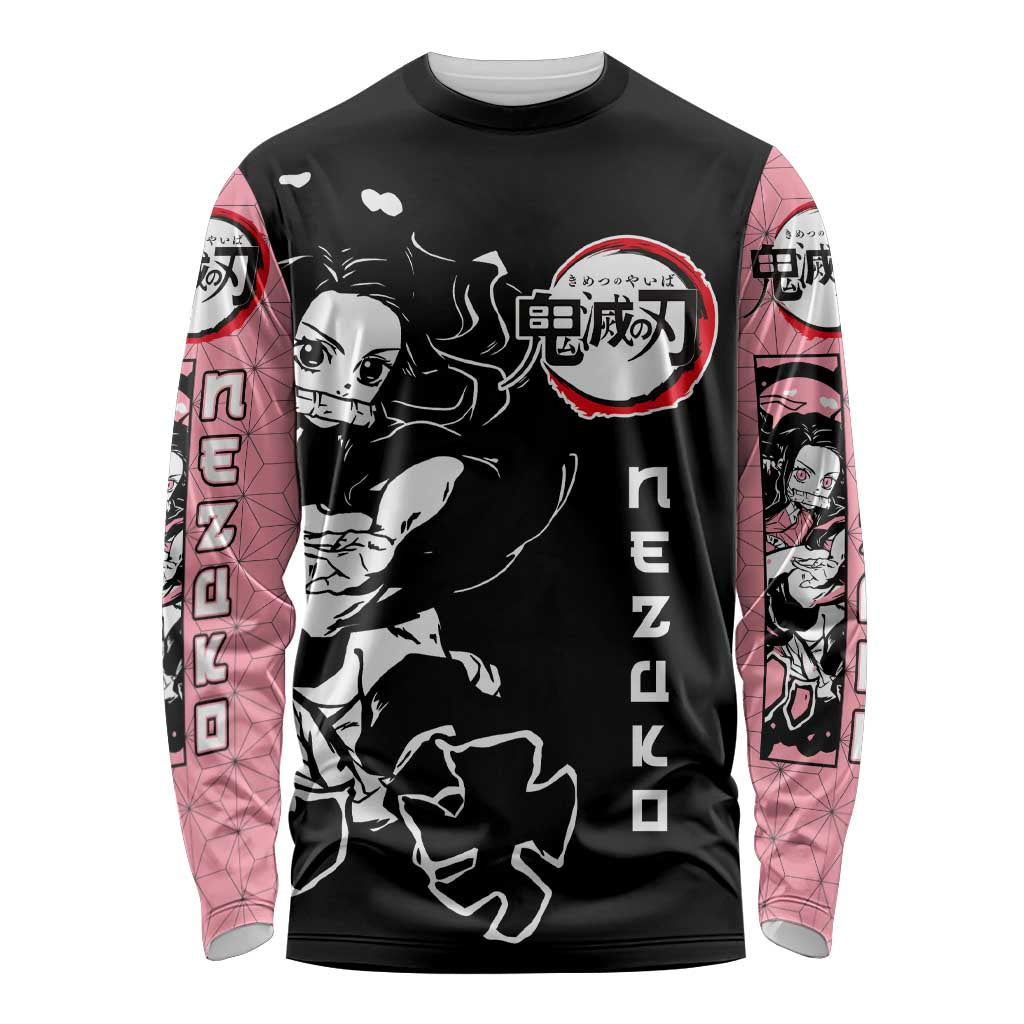 Nezuko Demon Slayer Long Sleeve Shirt with Pink and Black Manga Style Design - The Mazicc