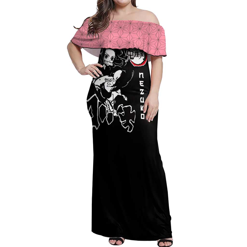 Nezuko Demon Slayer Off Shoulder Maxi Dress with Pink and Black Manga Style Design - The Mazicc