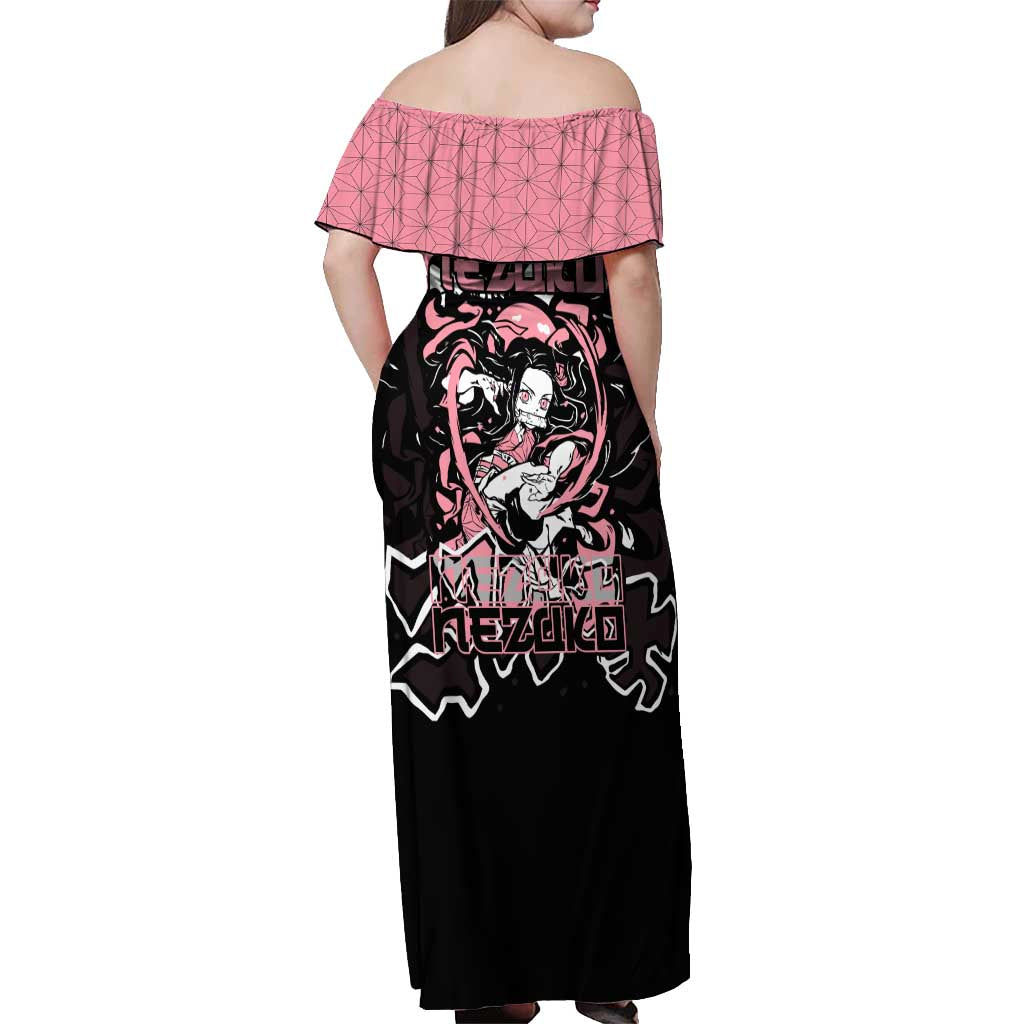 Nezuko Demon Slayer Off Shoulder Maxi Dress with Pink and Black Manga Style Design - The Mazicc