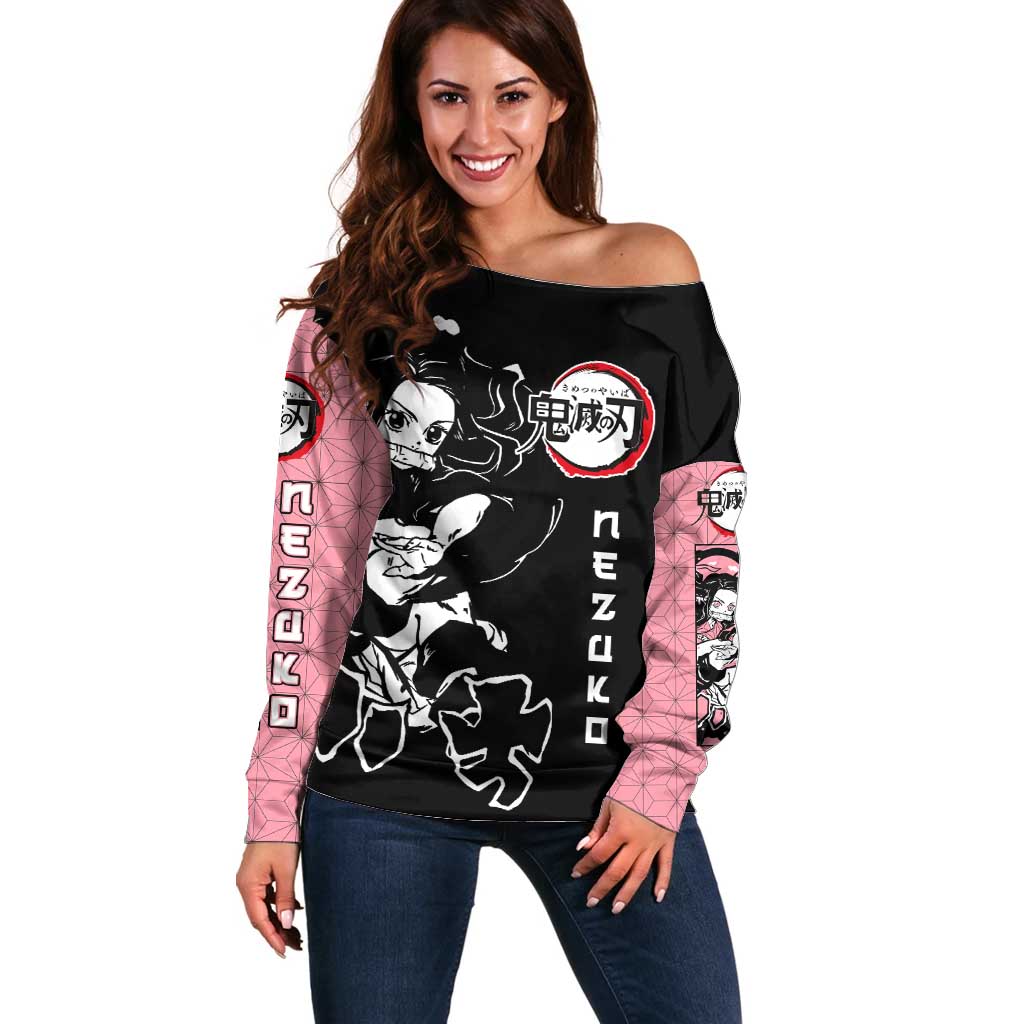 Nezuko Demon Slayer Off Shoulder Sweater with Pink and Black Manga Style Design - The Mazicc