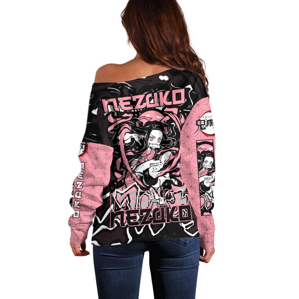 Nezuko Demon Slayer Off Shoulder Sweater with Pink and Black Manga Style Design - The Mazicc