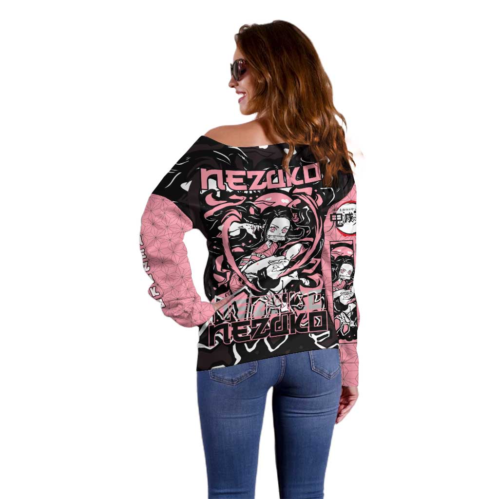 Nezuko Demon Slayer Off Shoulder Sweater with Pink and Black Manga Style Design - The Mazicc