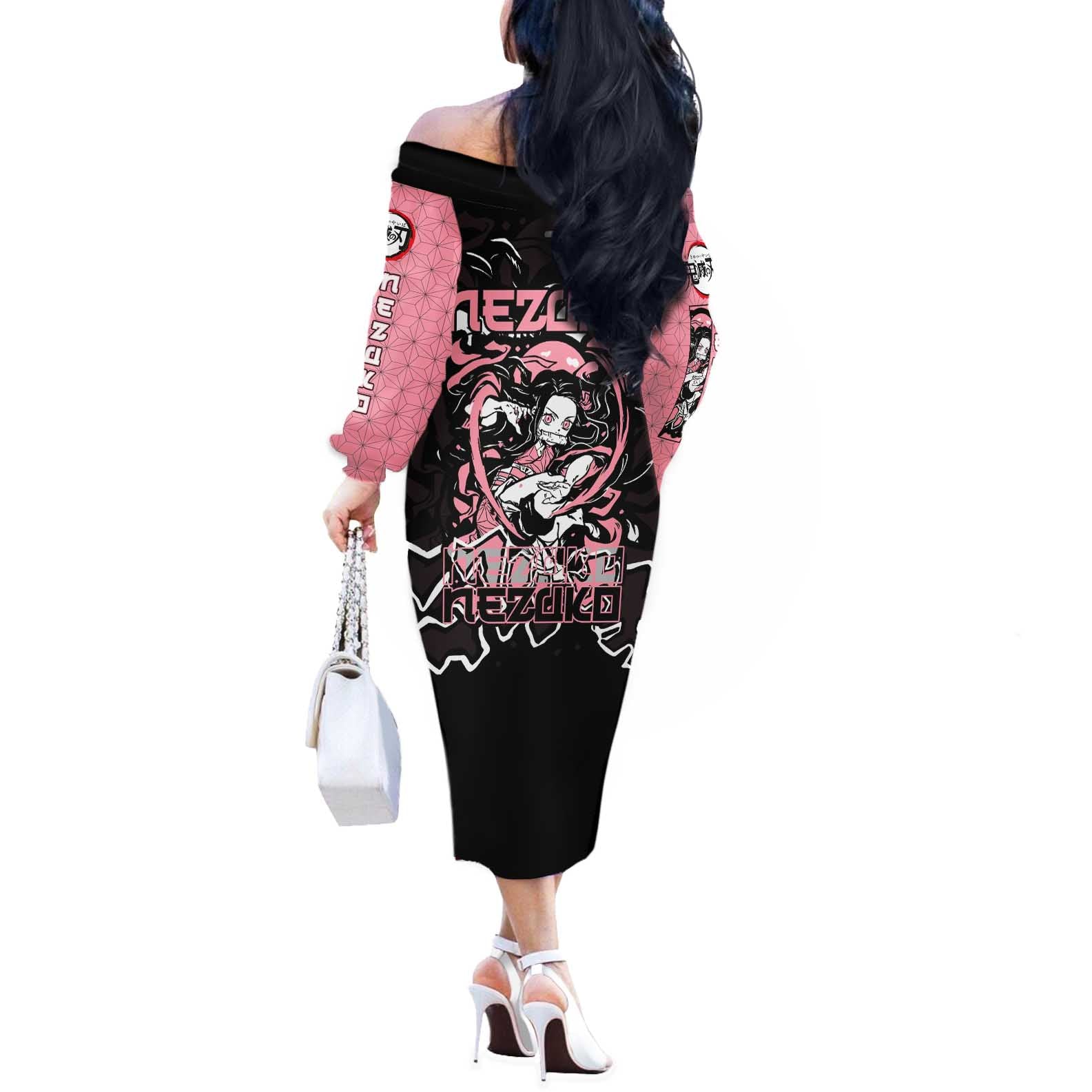 Nezuko Demon Slayer Off The Shoulder Long Sleeve Dress with Pink and Black Manga Style Design - The Mazicc