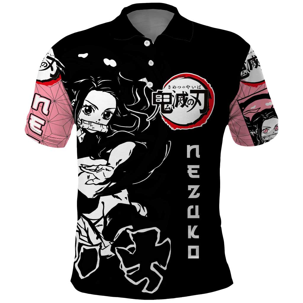Nezuko Demon Slayer Polo Shirt with Pink and Black Manga Style Design - The Mazicc