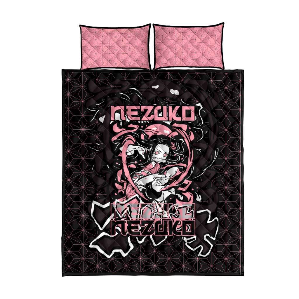 Nezuko Demon Slayer Quilt Bed Set with Pink and Black Manga Style Design - The Mazicc