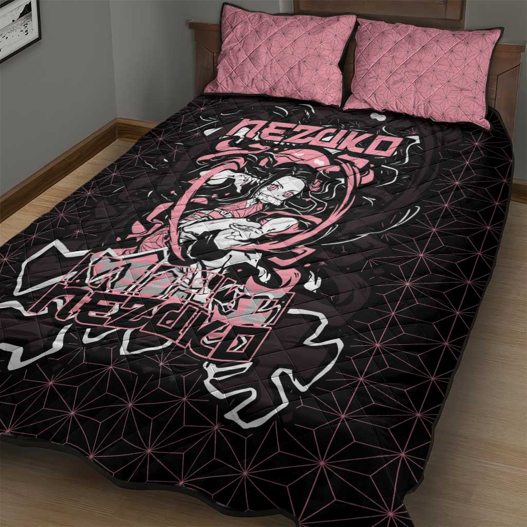 Nezuko Demon Slayer Quilt Bed Set with Pink and Black Manga Style Design - The Mazicc
