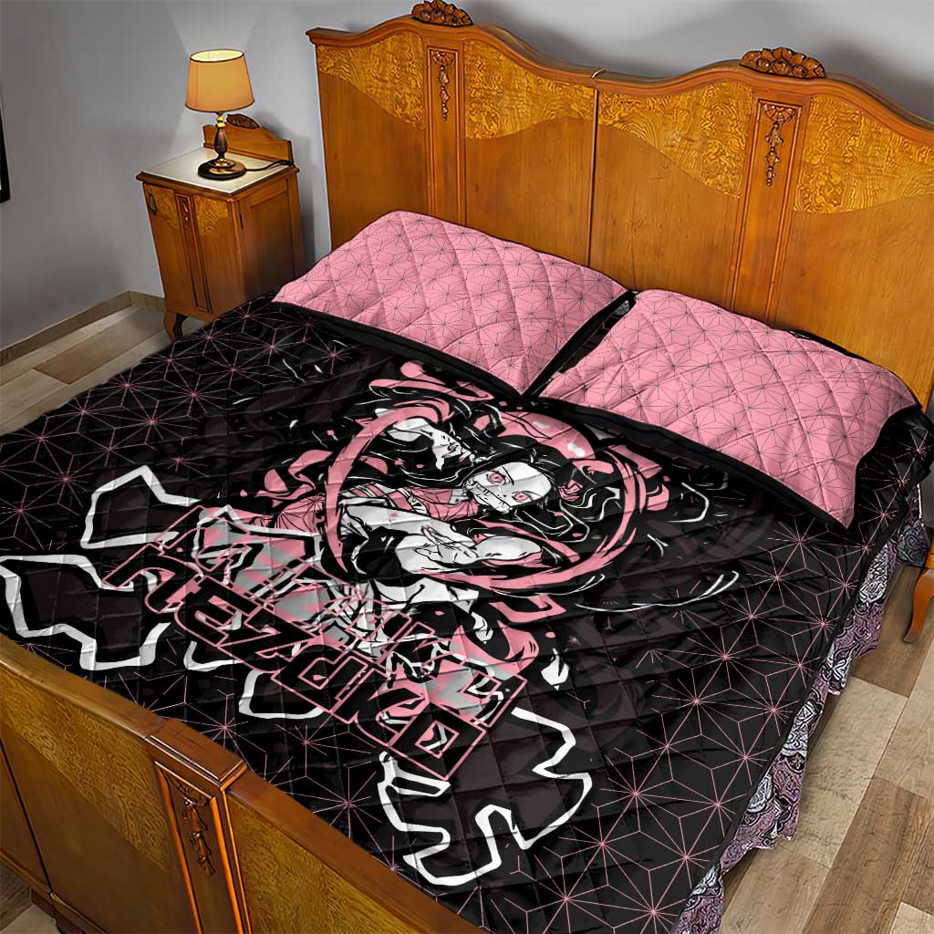 Nezuko Demon Slayer Quilt Bed Set with Pink and Black Manga Style Design - The Mazicc