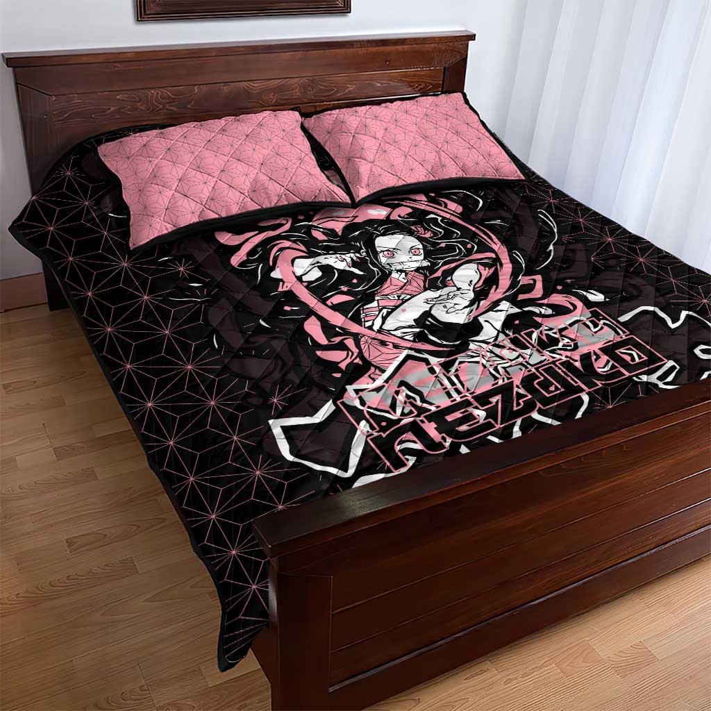Nezuko Demon Slayer Quilt Bed Set with Pink and Black Manga Style Design - The Mazicc