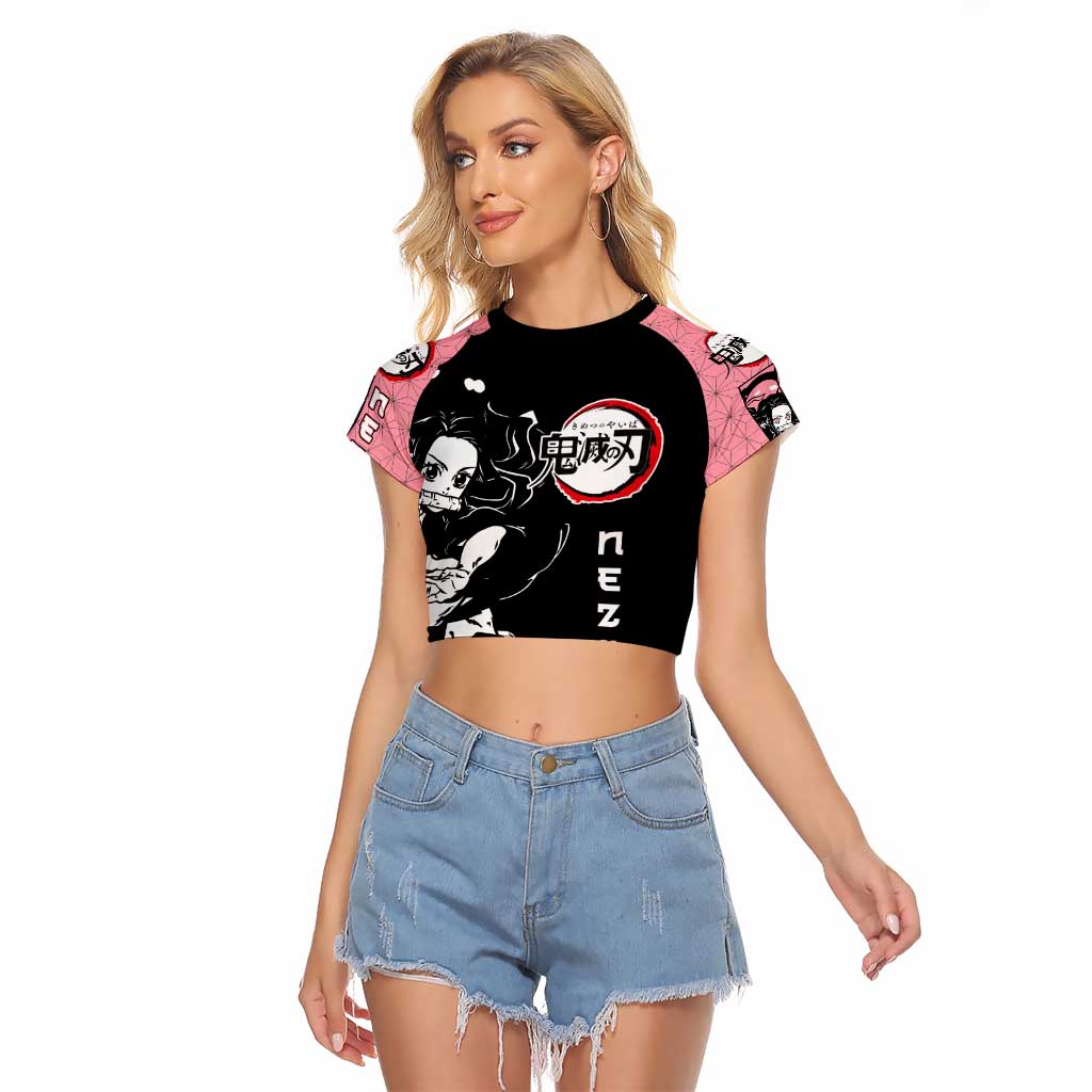 Nezuko Demon Slayer Raglan Cropped T Shirt with Pink and Black Manga Style Design - The Mazicc