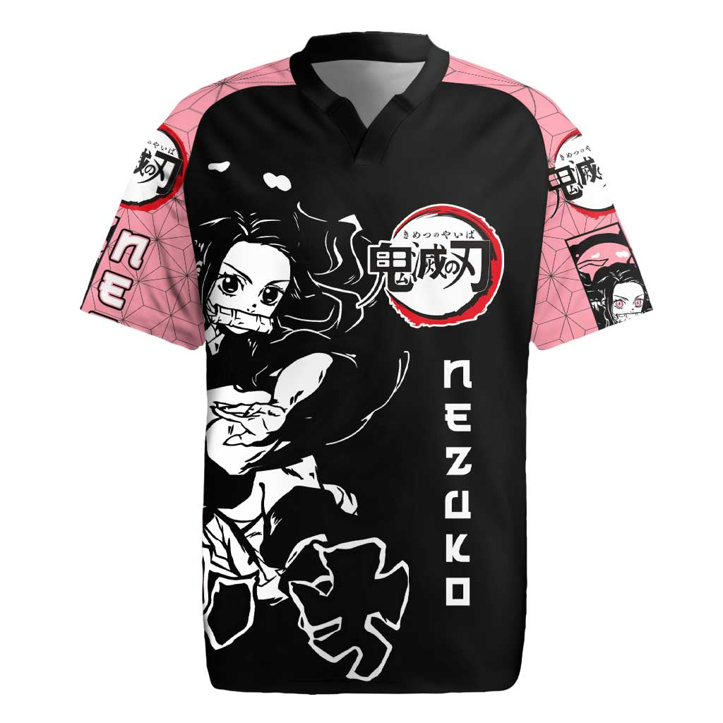 Nezuko Demon Slayer Rugby Jersey with Pink and Black Manga Style Design - The Mazicc