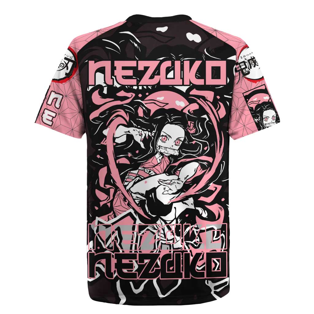Nezuko Demon Slayer Rugby Jersey with Pink and Black Manga Style Design - The Mazicc