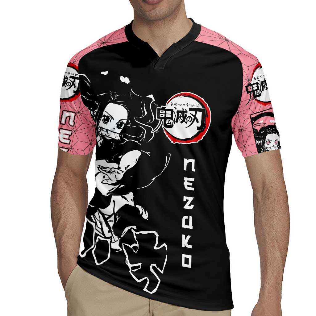 Nezuko Demon Slayer Rugby Jersey with Pink and Black Manga Style Design - The Mazicc