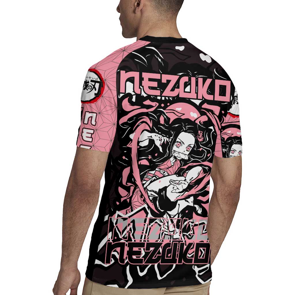 Nezuko Demon Slayer Rugby Jersey with Pink and Black Manga Style Design - The Mazicc