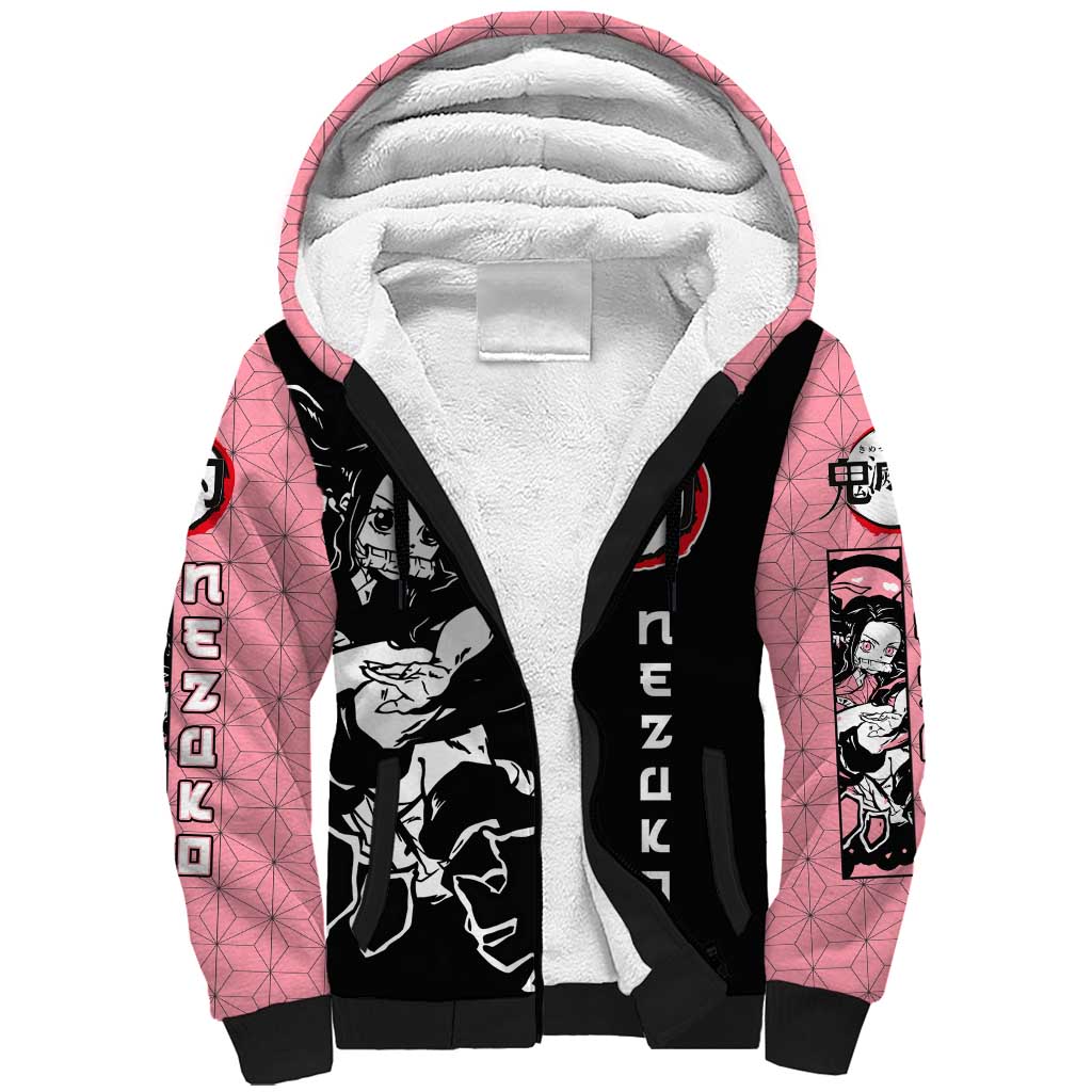 Nezuko Demon Slayer Sherpa Hoodie with Pink and Black Manga Style Design - The Mazicc