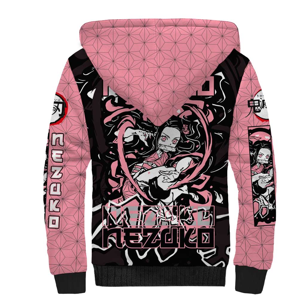 Nezuko Demon Slayer Sherpa Hoodie with Pink and Black Manga Style Design - The Mazicc
