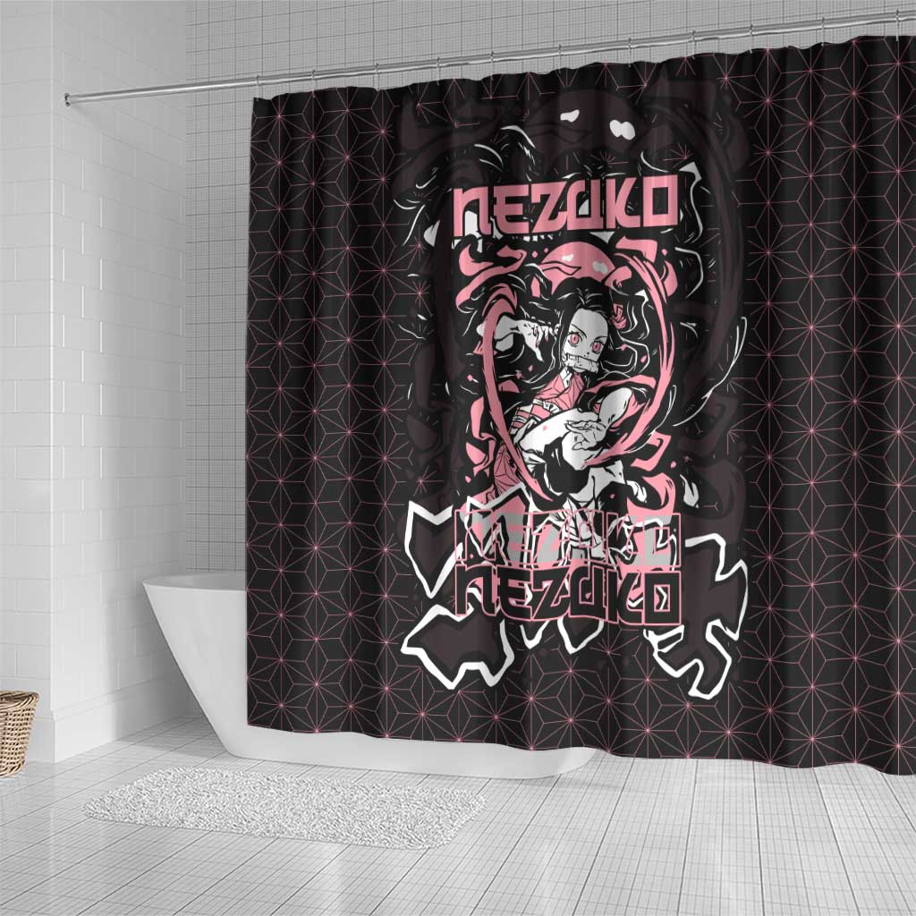 Nezuko Demon Slayer Shower Curtain with Pink and Black Manga Style Design - The Mazicc