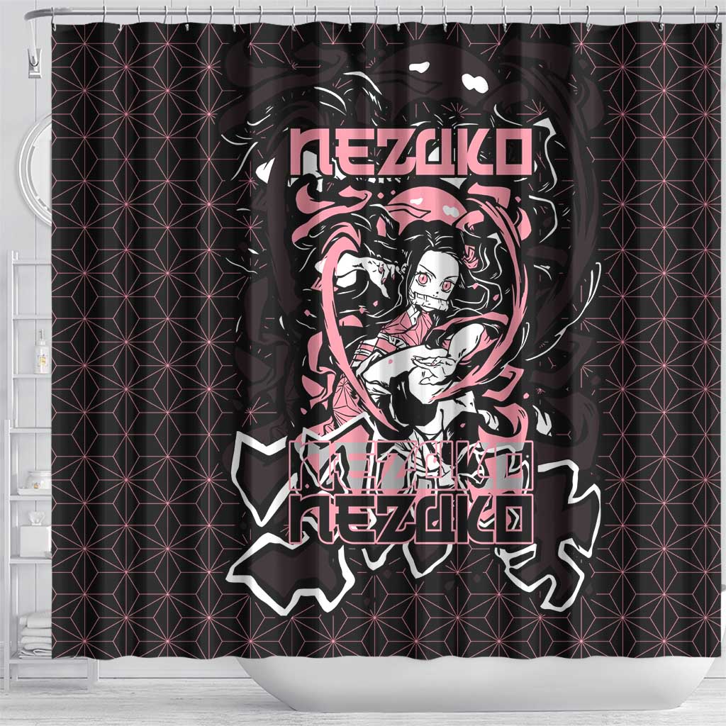 Nezuko Demon Slayer Shower Curtain with Pink and Black Manga Style Design - The Mazicc