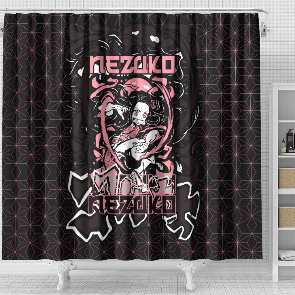 Nezuko Demon Slayer Shower Curtain with Pink and Black Manga Style Design - The Mazicc