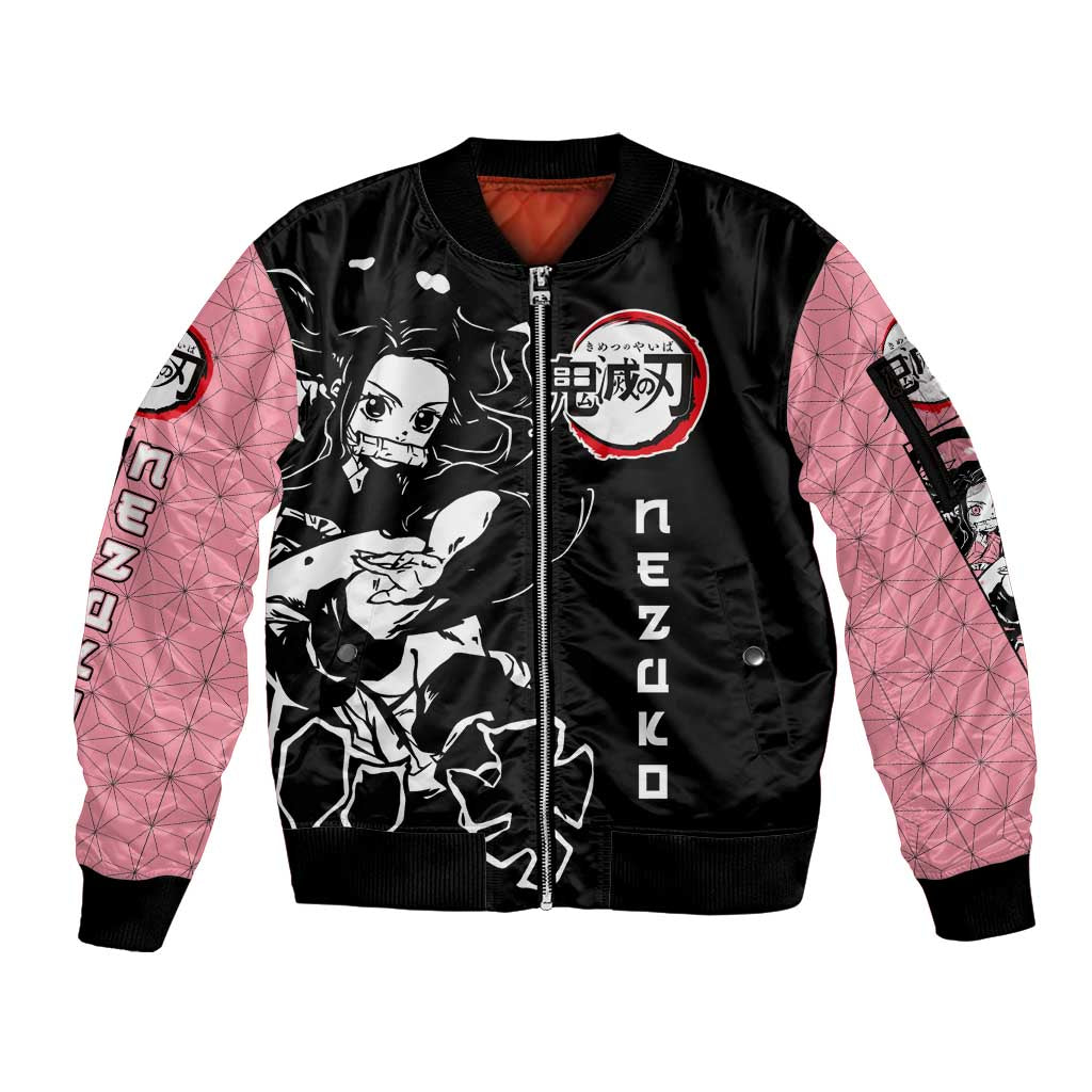 Nezuko Demon Slayer Sleeve Zip Bomber Jacket with Pink and Black Manga Style Design - The Mazicc