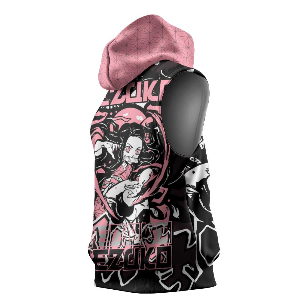 Nezuko Demon Slayer Sleeveless Hoodie with Pink and Black Manga Style Design - The Mazicc