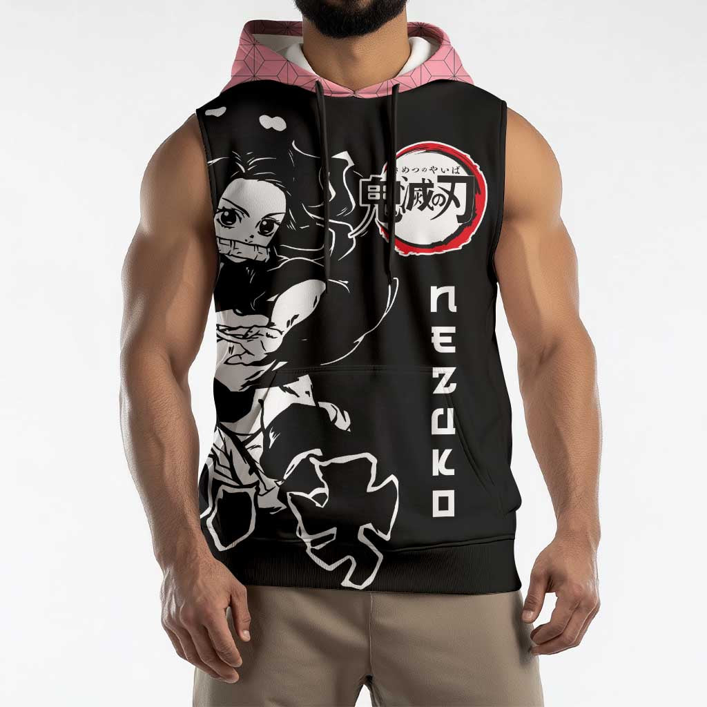 Nezuko Demon Slayer Sleeveless Hoodie with Pink and Black Manga Style Design - The Mazicc