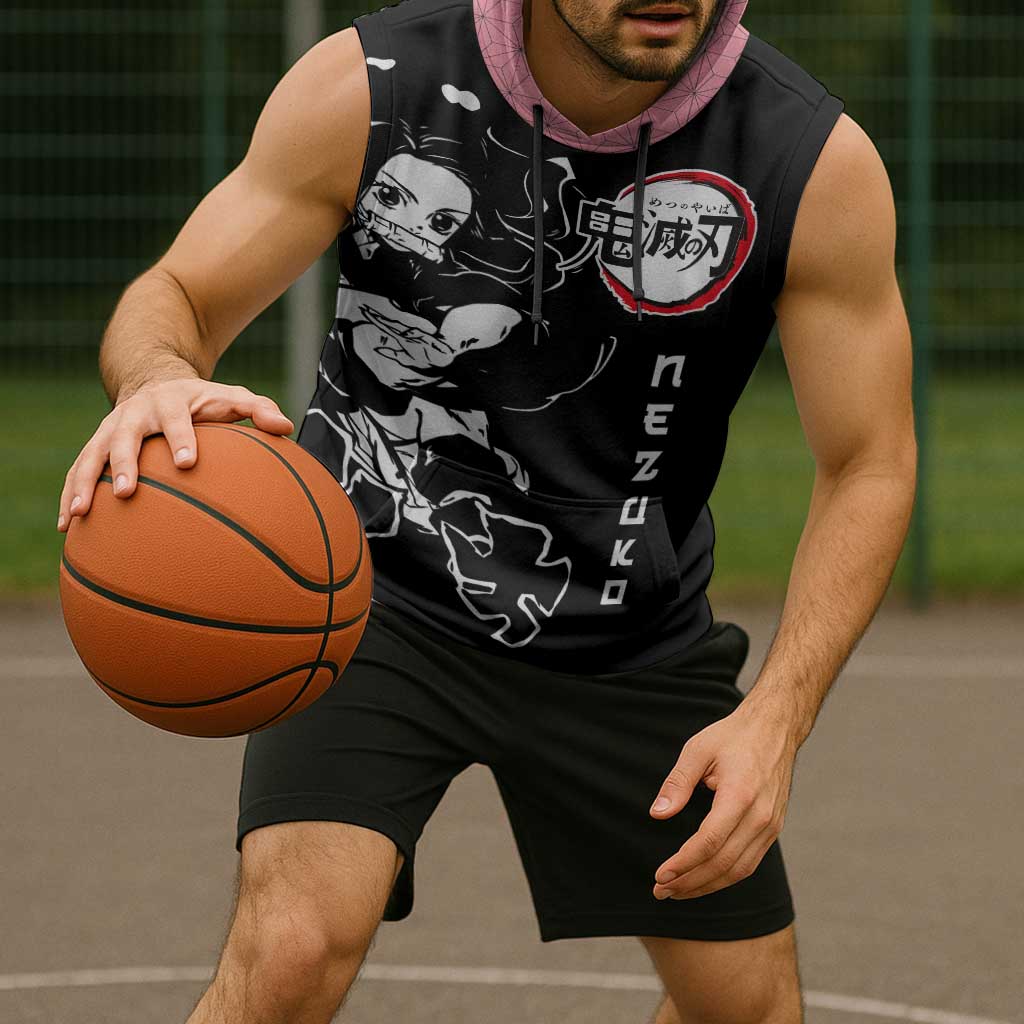 Nezuko Demon Slayer Sleeveless Hoodie with Pink and Black Manga Style Design - The Mazicc