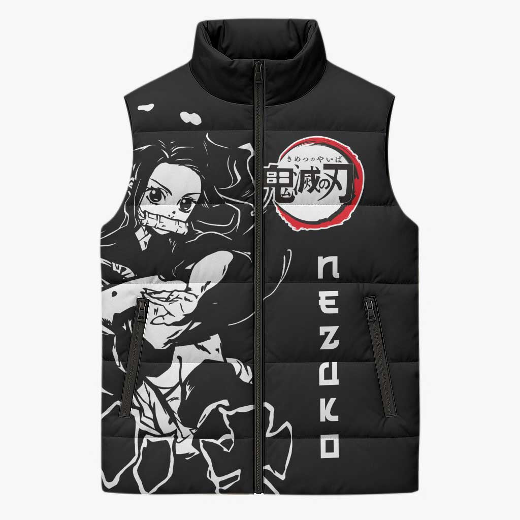 Nezuko Demon Slayer Sleeveless Puffer Jacket with Pink and Black Manga Style Design - The Mazicc
