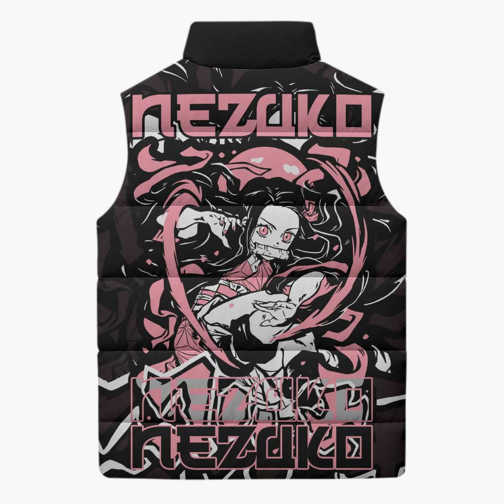 Nezuko Demon Slayer Sleeveless Puffer Jacket with Pink and Black Manga Style Design - The Mazicc