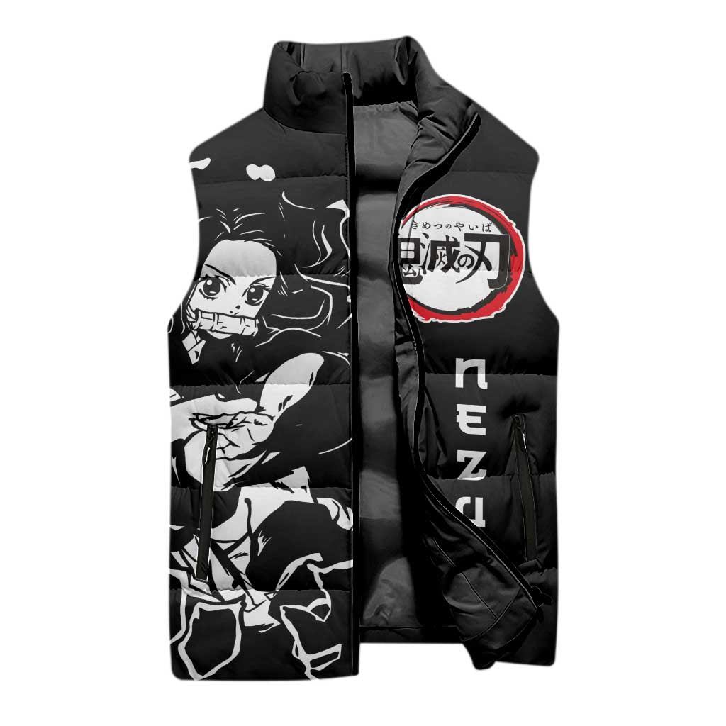 Nezuko Demon Slayer Sleeveless Puffer Jacket with Pink and Black Manga Style Design - The Mazicc