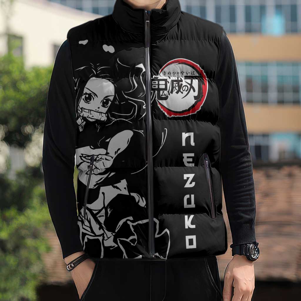 Nezuko Demon Slayer Sleeveless Puffer Jacket with Pink and Black Manga Style Design - The Mazicc