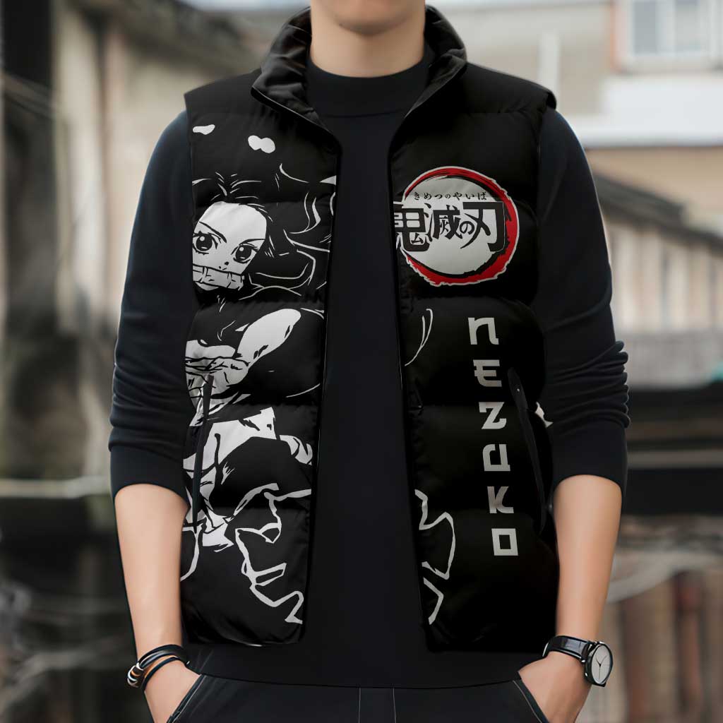 Nezuko Demon Slayer Sleeveless Puffer Jacket with Pink and Black Manga Style Design - The Mazicc