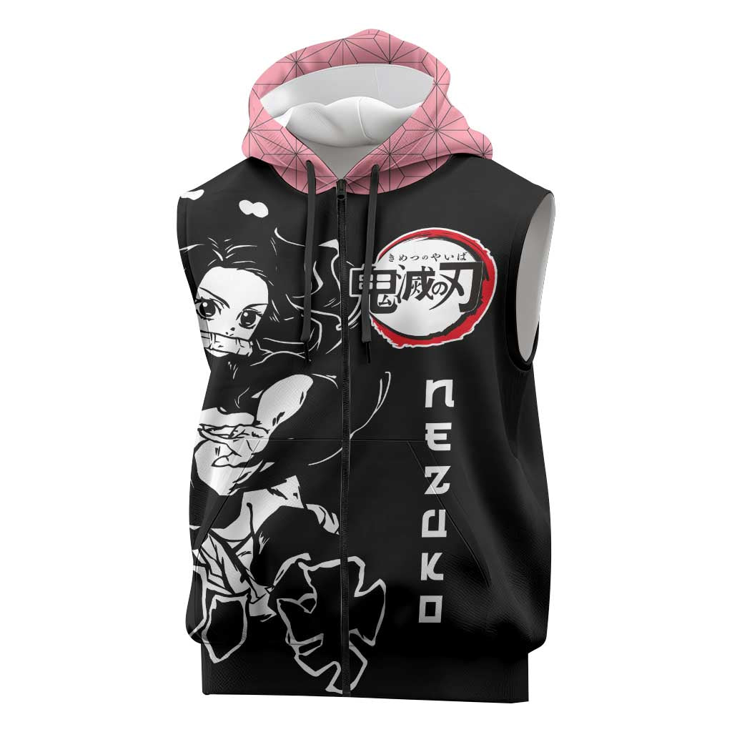Nezuko Demon Slayer Sleeveless Zip Hoodie with Pink and Black Manga Style Design - The Mazicc