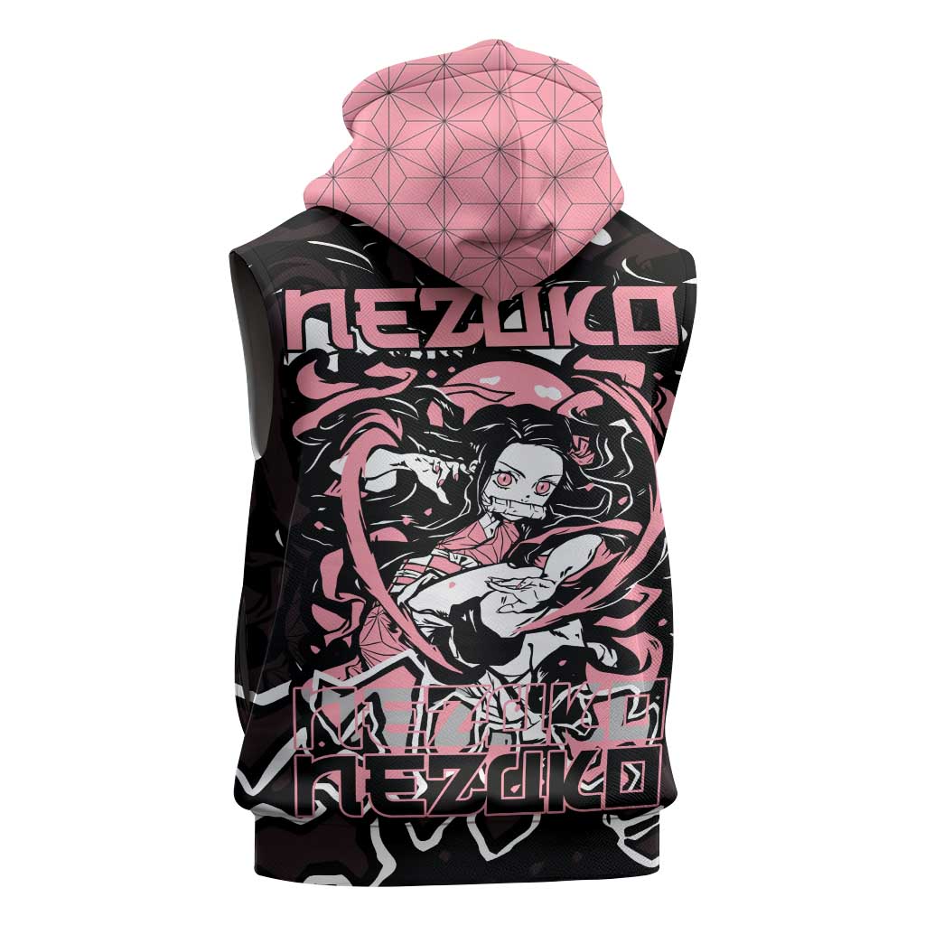 Nezuko Demon Slayer Sleeveless Zip Hoodie with Pink and Black Manga Style Design - The Mazicc