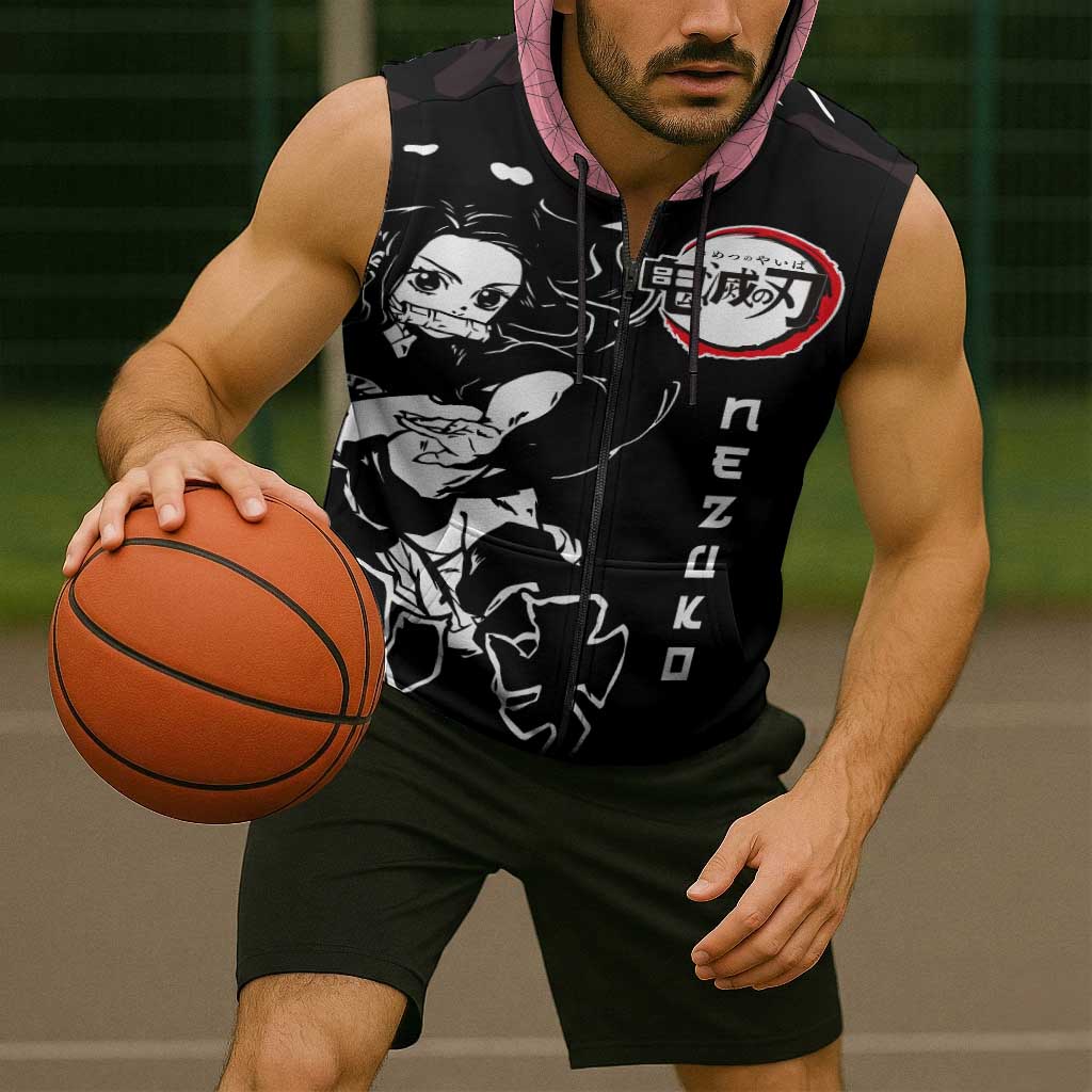 Nezuko Demon Slayer Sleeveless Zip Hoodie with Pink and Black Manga Style Design - The Mazicc