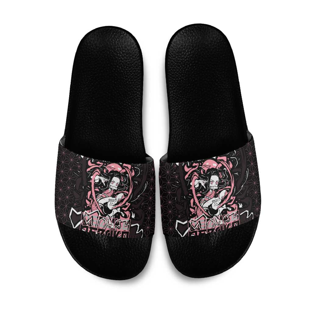 Nezuko Demon Slayer Slide Sandals with Pink and Black Manga Style Design - The Mazicc