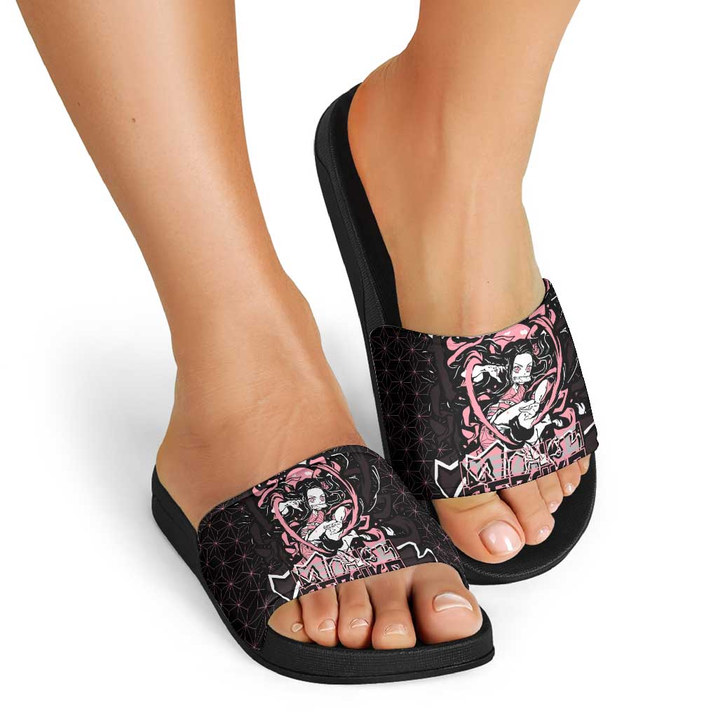 Nezuko Demon Slayer Slide Sandals with Pink and Black Manga Style Design - The Mazicc