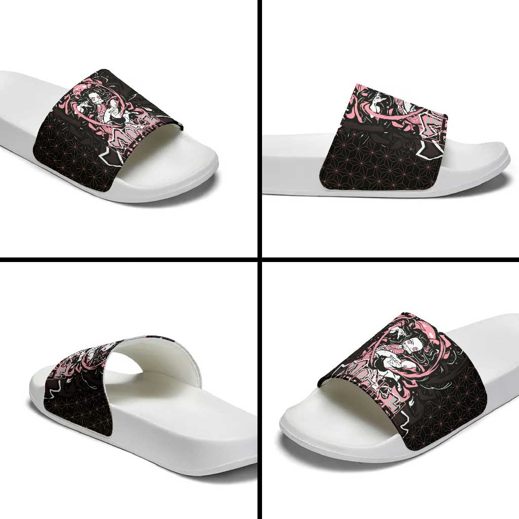 Nezuko Demon Slayer Slide Sandals with Pink and Black Manga Style Design - The Mazicc