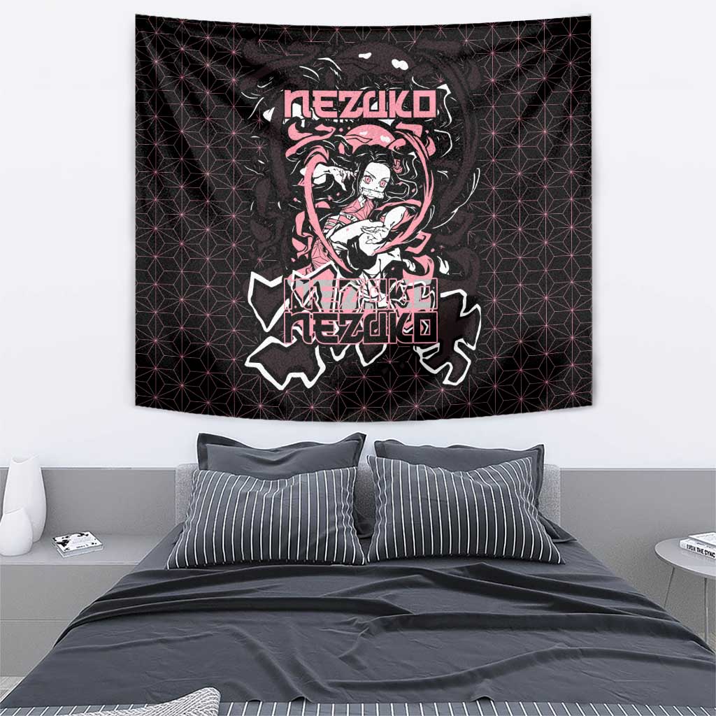 Nezuko Demon Slayer Tapestry with Pink and Black Manga Style Design - The Mazicc
