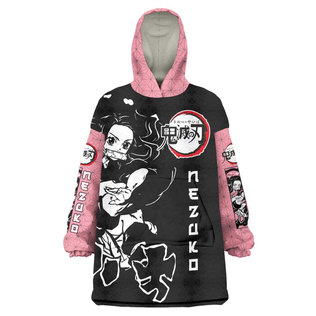 Nezuko Demon Slayer Wearable Blanket Hoodie with Pink and Black Manga Style Design - The Mazicc