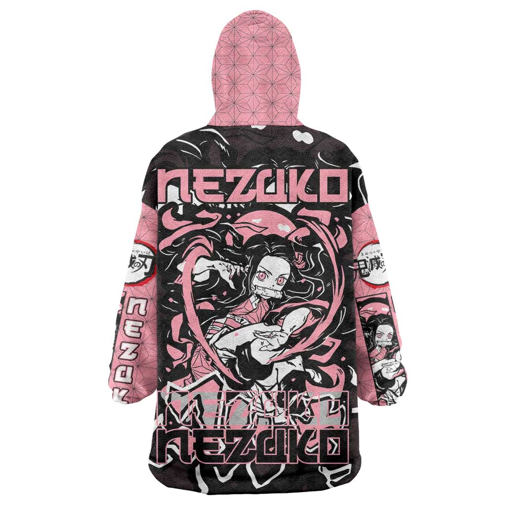 Nezuko Demon Slayer Wearable Blanket Hoodie with Pink and Black Manga Style Design - The Mazicc