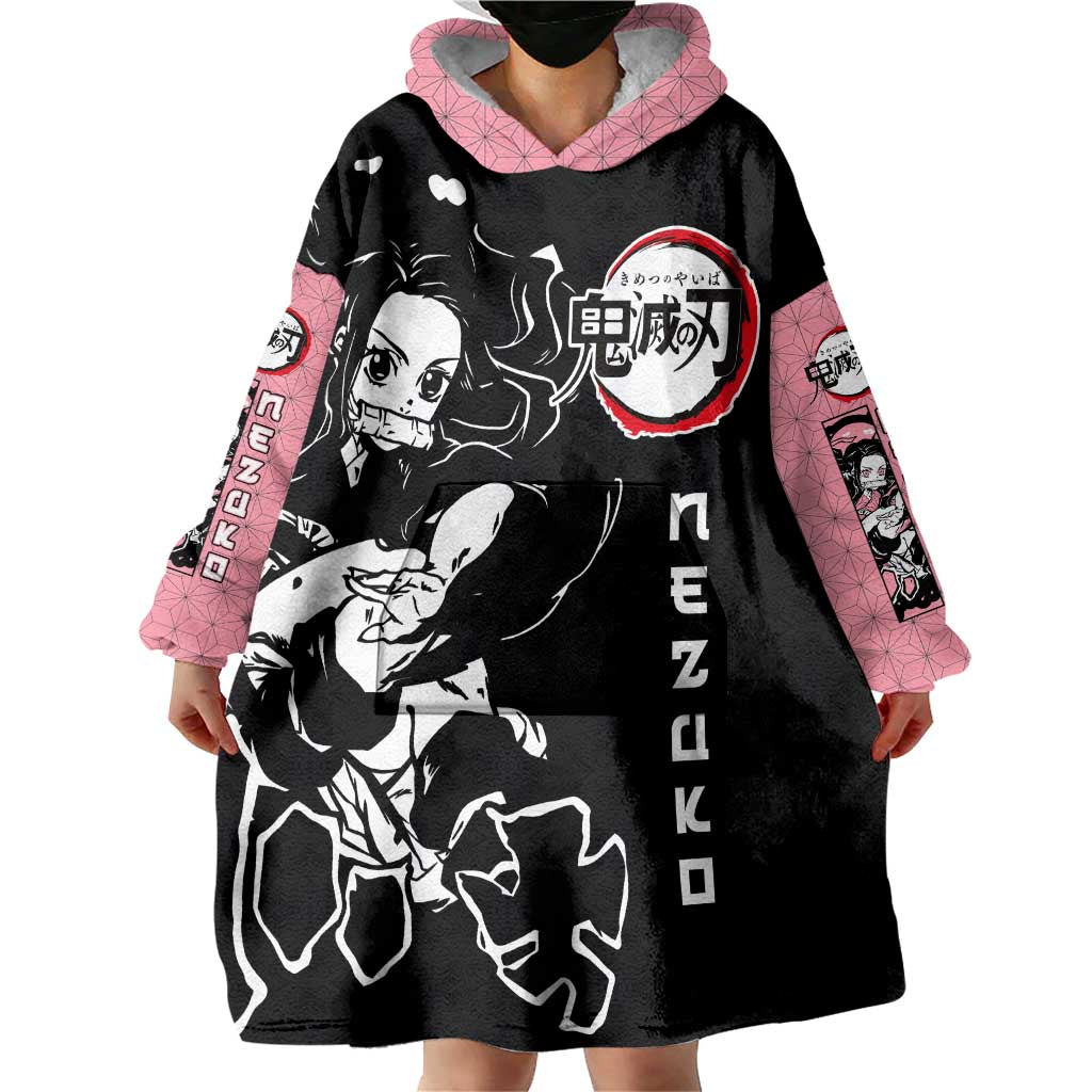 Nezuko Demon Slayer Wearable Blanket Hoodie with Pink and Black Manga Style Design - The Mazicc