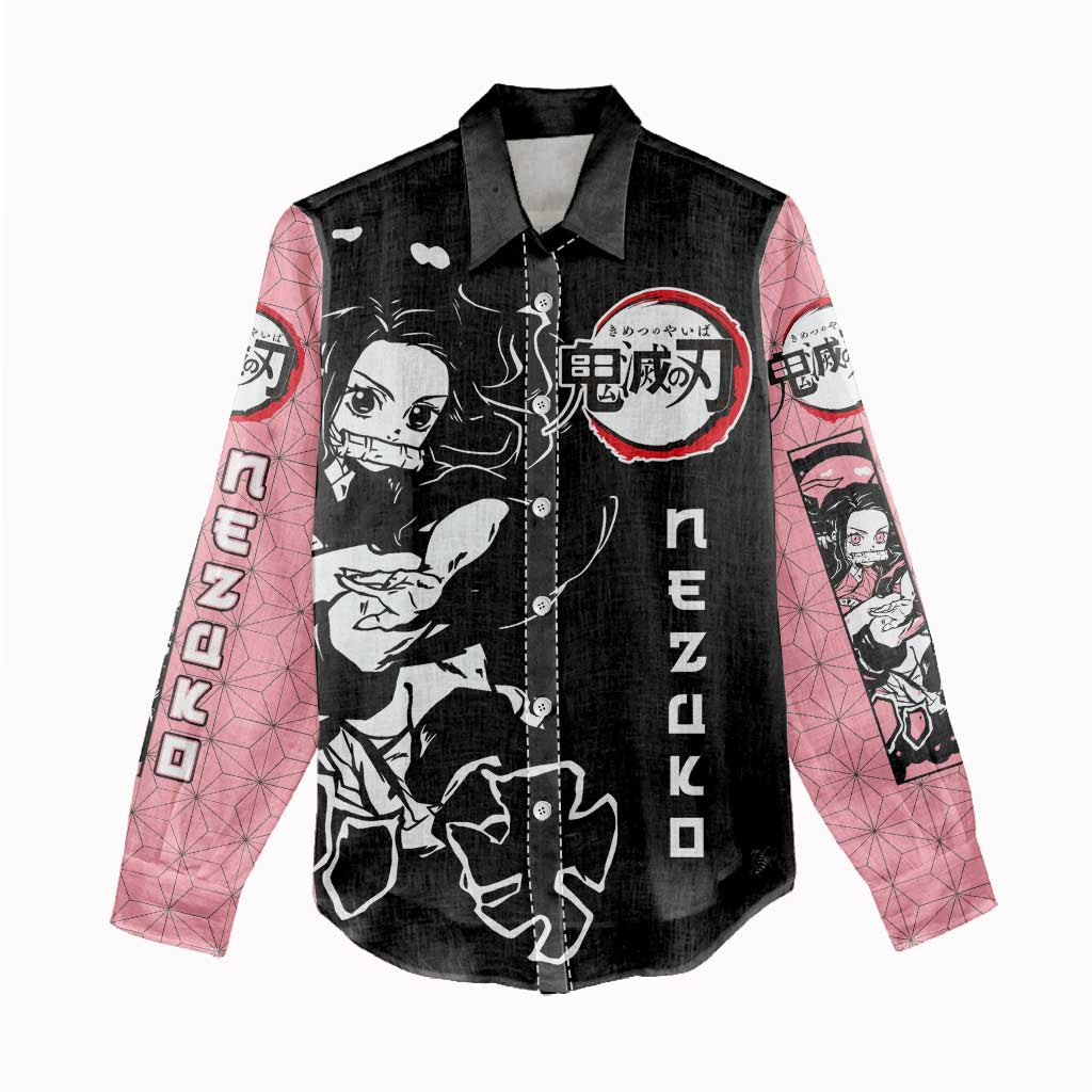 Nezuko Demon Slayer Women Casual Shirt with Pink and Black Manga Style Design - The Mazicc