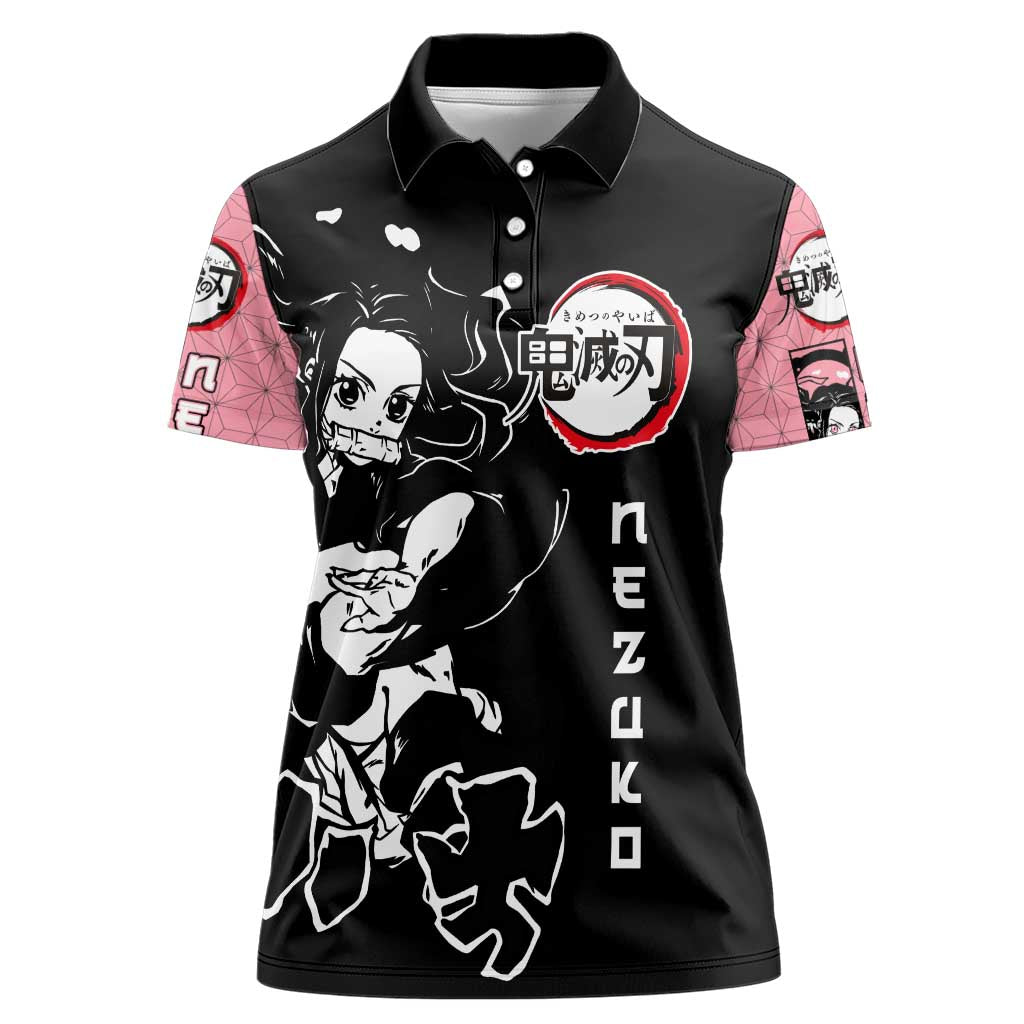 Nezuko Demon Slayer Women Polo Shirt with Pink and Black Manga Style Design - The Mazicc