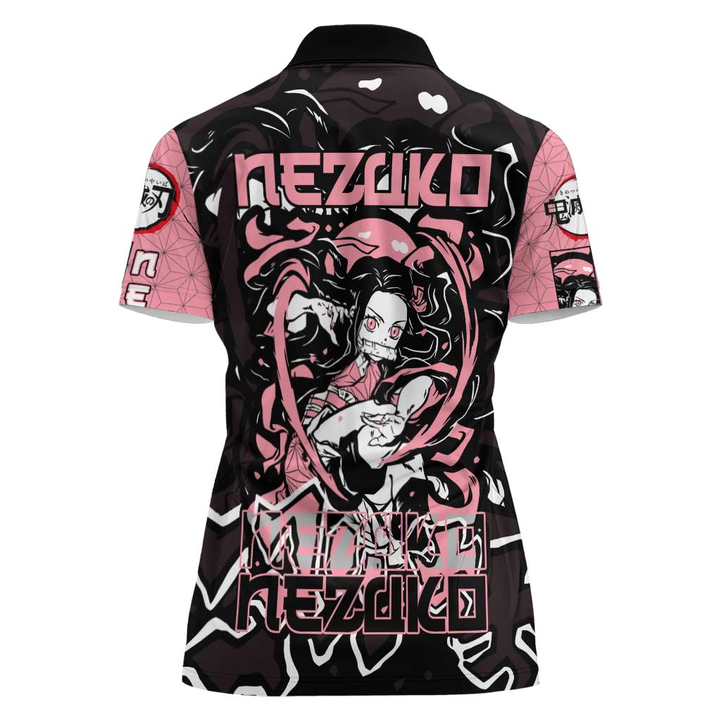 Nezuko Demon Slayer Women Polo Shirt with Pink and Black Manga Style Design - The Mazicc
